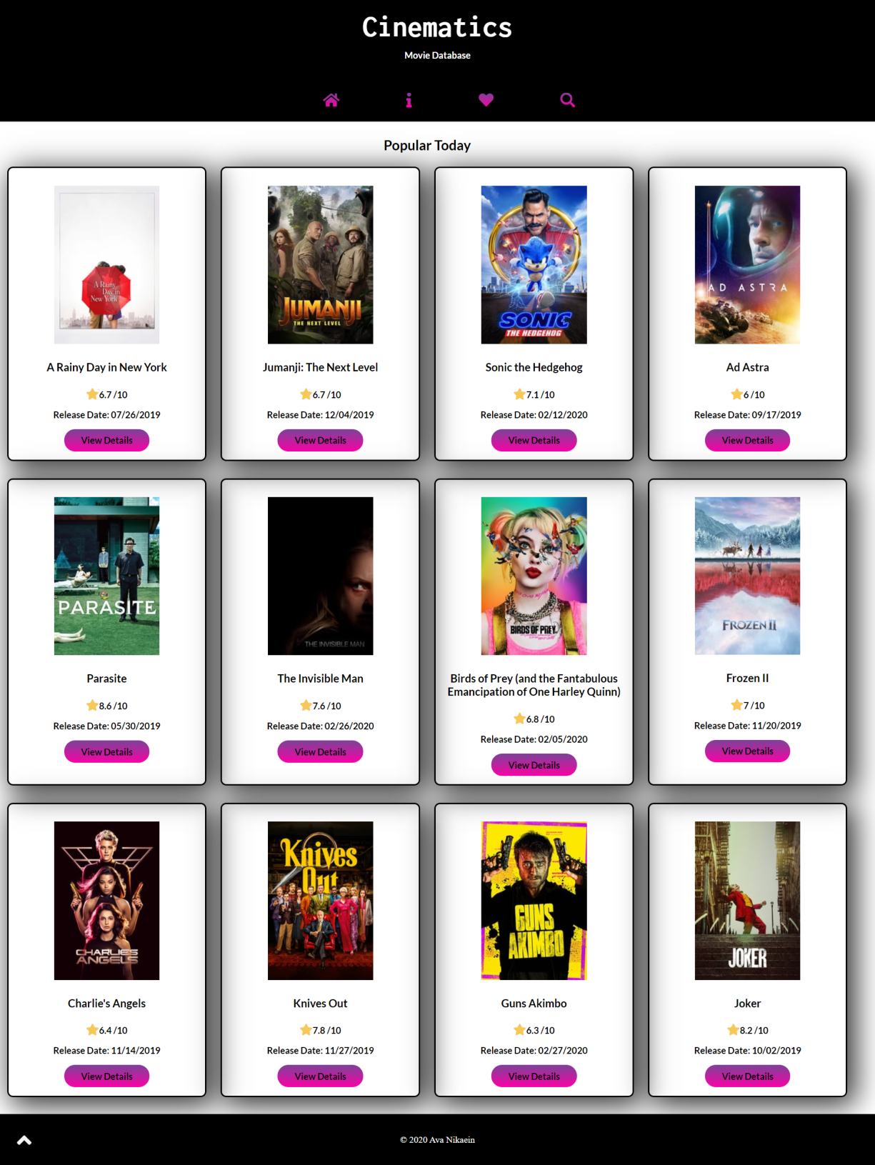 Screenshot of Cinematics home page